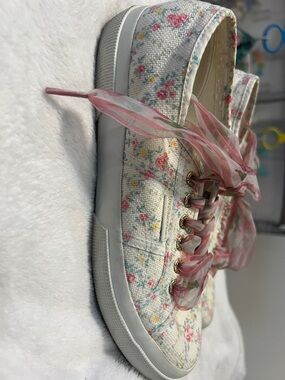 Superga Floral Canvas Sneakers with Pink Ribbon Laces